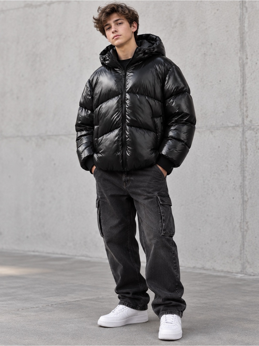 ZARA- Hooded water repellent puffer coat in liquid black
